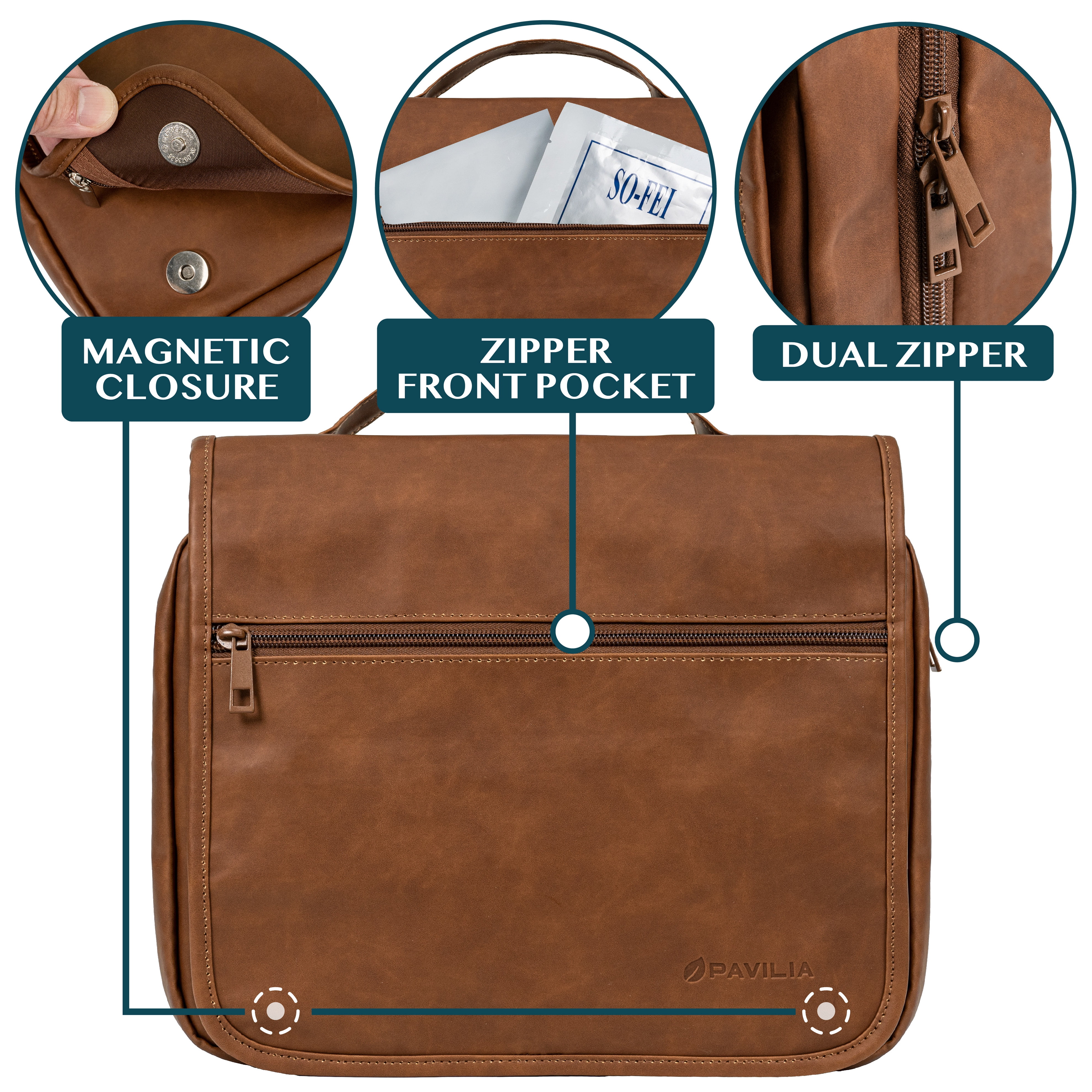 PAVILIA Hanging Toiletry Bag Women Men, Foldable Cosmetic Organizer Travel Bag, Water Resistant Makeup Bag Toiletries, Large Travel Essentials Kit (Brown)