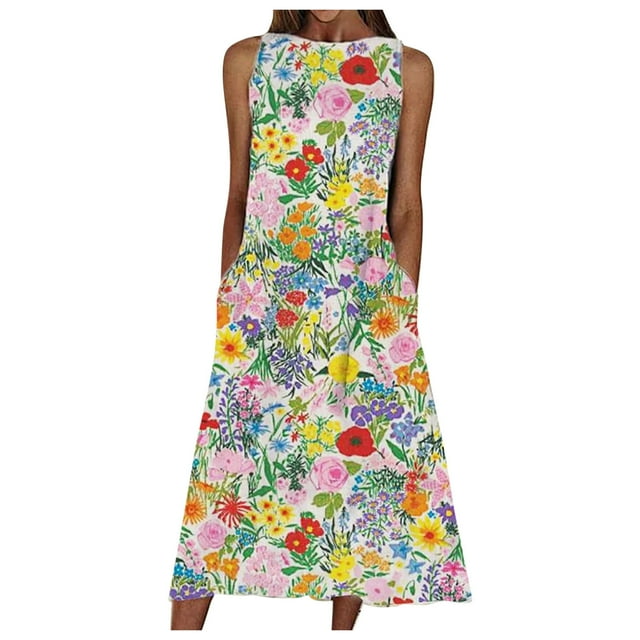 Fridja Robe d'Été Imprimée pour Femmes Robe de Plage Vacances Col Rond Grande Robe Maxi à Poches