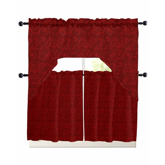 Red Floral Kitchen Curtains Sets 24 Inch Length with Valance, Country Farmhouse Abstract Flowers Pattern Swag Valances and Tiers Curtain Set Drapes Swag Curtains for Living Room, Bathroom, Bedroom