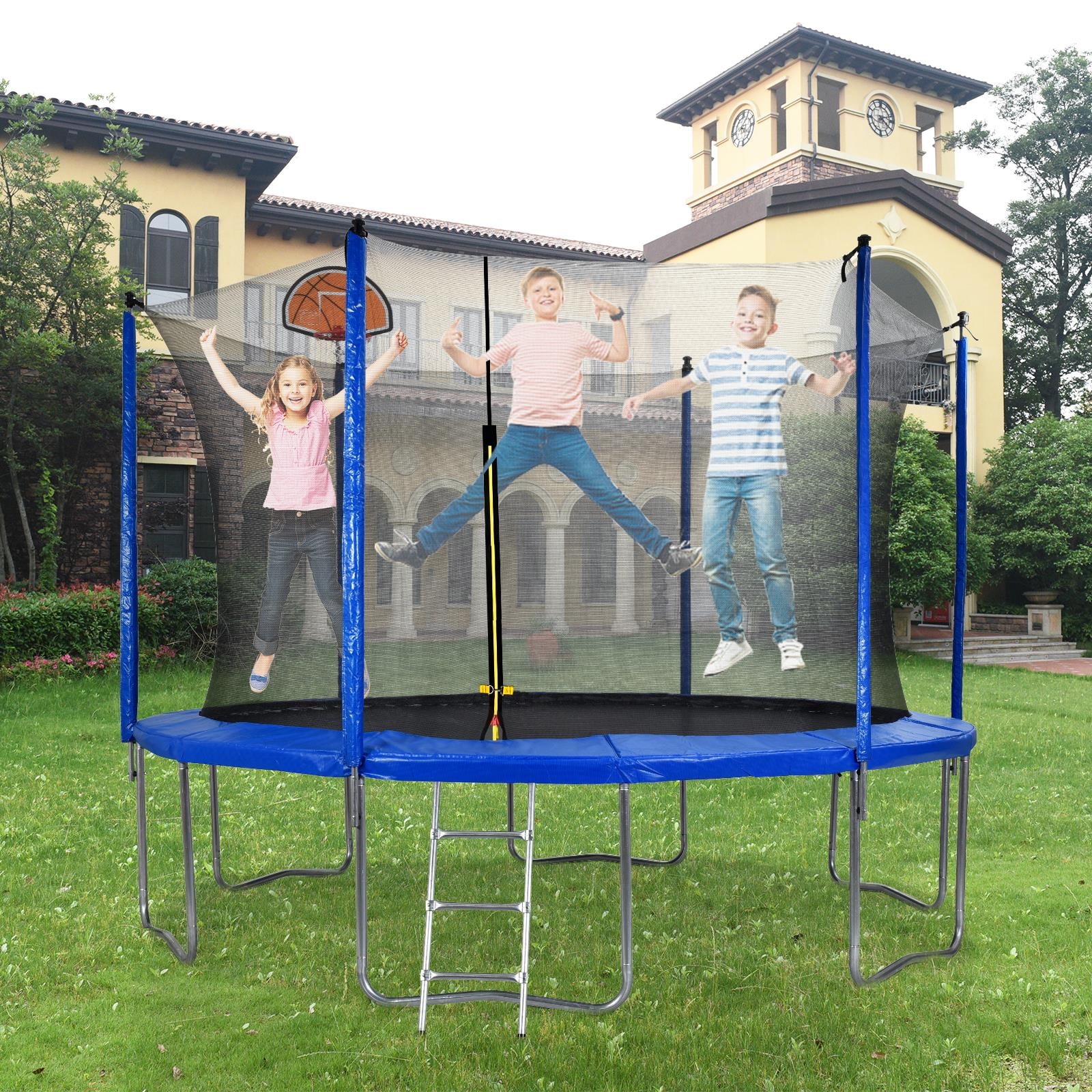 GoDecor 12 ft Kids Trampolines, with Safety Enclosure Net & Basketball Hoop