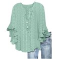 thumbnail image 2 of Otntypg 3/4 Flared Sleeve Lace Crochet Eyelet Tops for Women Casual Half Button up V Neck Solid Color Henley Shirts Tunic Tees Loose Fit Dressy Elegant Ruffle Blouse Green XXL, 2 of 7