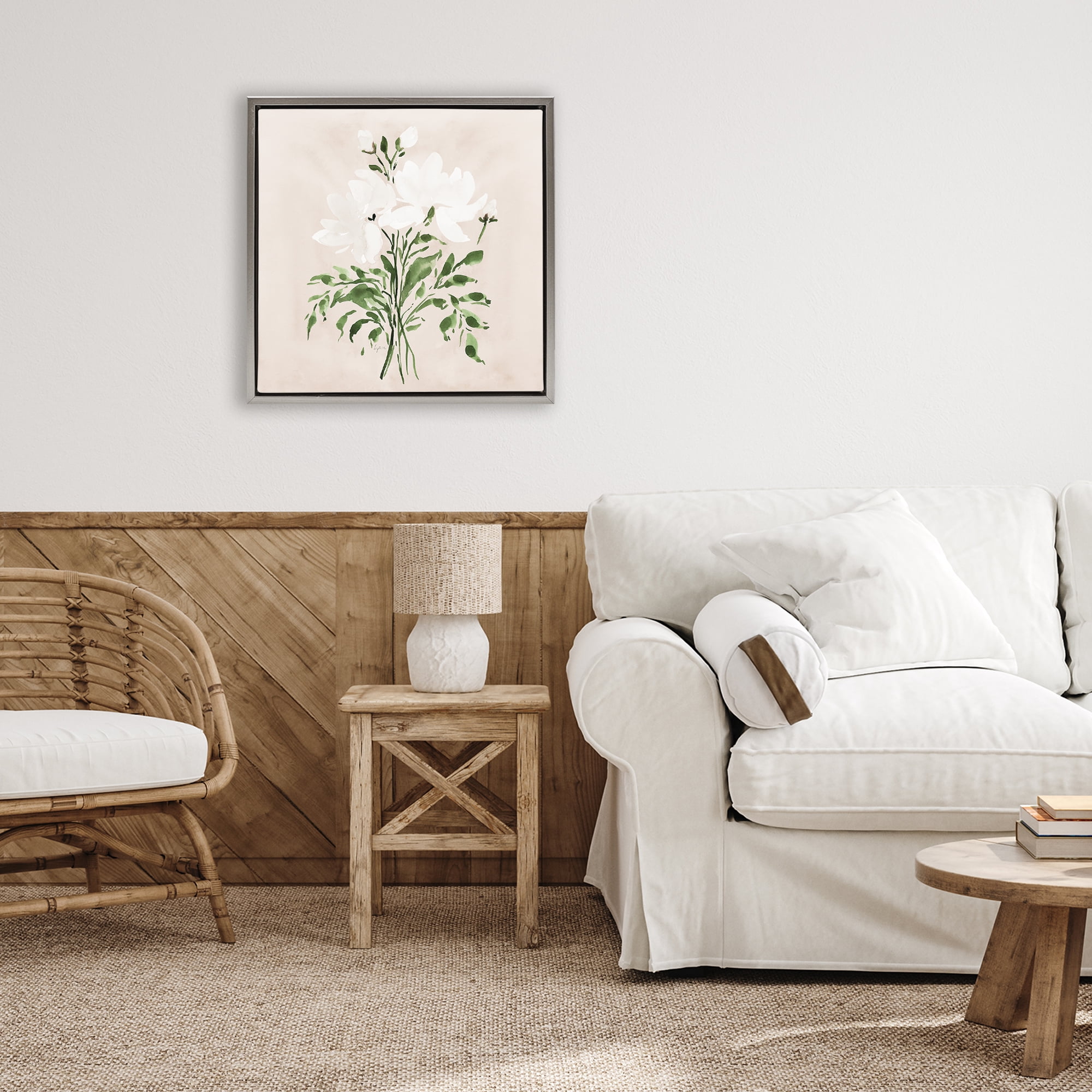 Stupell Industries White On Tan Floral Gray Framed Floater Canvas Wall Art, design by Lucille Price