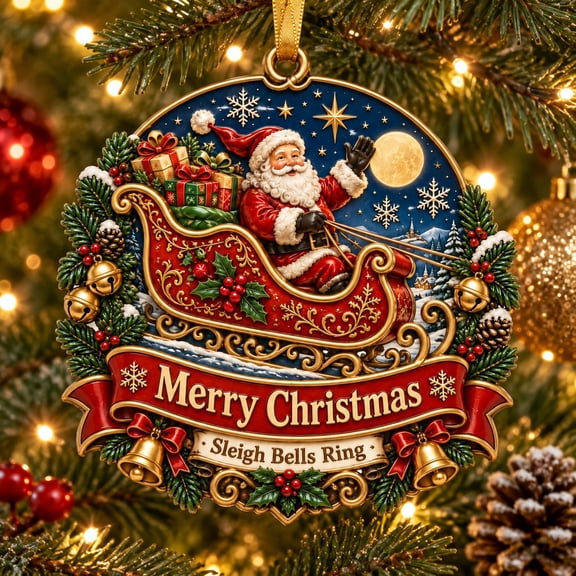 Santa Sleigh Ornament, Merry Christmas Hanging Decoration for Holiday Tree