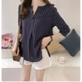 thumbnail image 2 of Camisa a rayas Blusa de verano para mujer Cuello redondo Top informal suelto, Azul oscuro, XXL sidaley AP001549-16B, 2 of 7