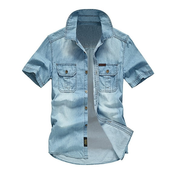 Mens Shirt Denim Cotton Work Shirt Vintage Short Sleeved Cargo Shirts