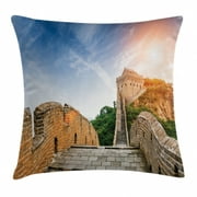 Great Wall of China Throw Pillow Cushion Cover, Legendary Dynasty Monument on Cliffs Historical Countryside Art Design, Decorative Square Accent Pillow Case, 16 X 16 Inches, Grey Blue, by Ambesonne