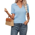 thumbnail image 4 of Women'S Collared Cable Short Sleeve Sweaters Tops Solid V Neck Knit Casual Soft Pullover Shirt Light Blue XL, 4 of 9