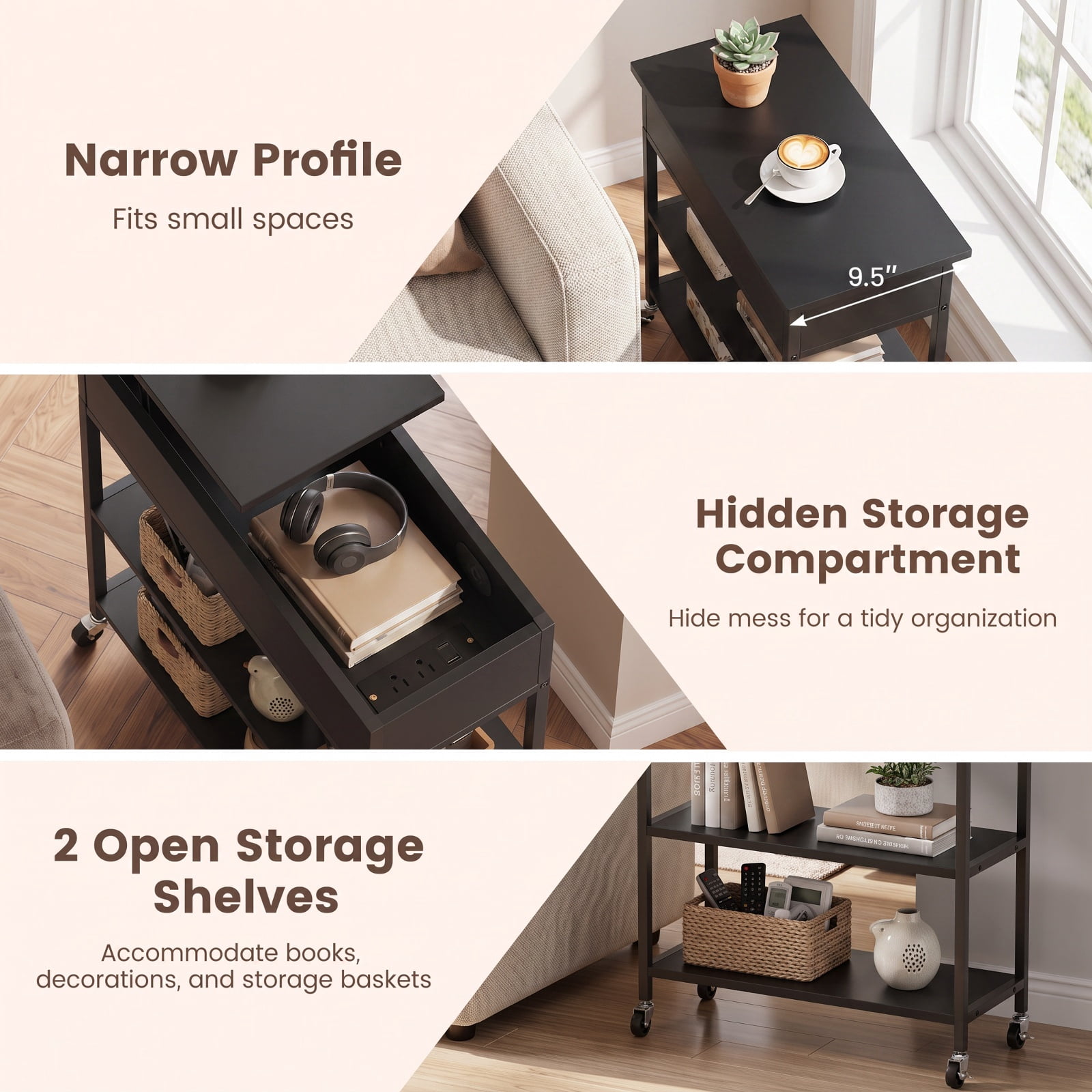 Furnibear Lift Top End Table with Charging Station Hidden Compartment and Universal Wheels for Living Room Sofa Side Narrow Spaces, Black