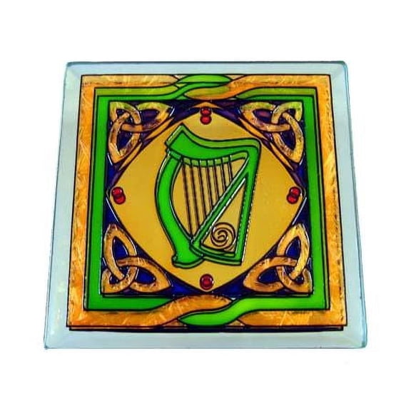 Royal Tara Harp Stained Mirror Coaster Tabletop Protection Square, Irish Traditional Design, Heat-Resistant, Suitable for Drinks Decor Bar Table