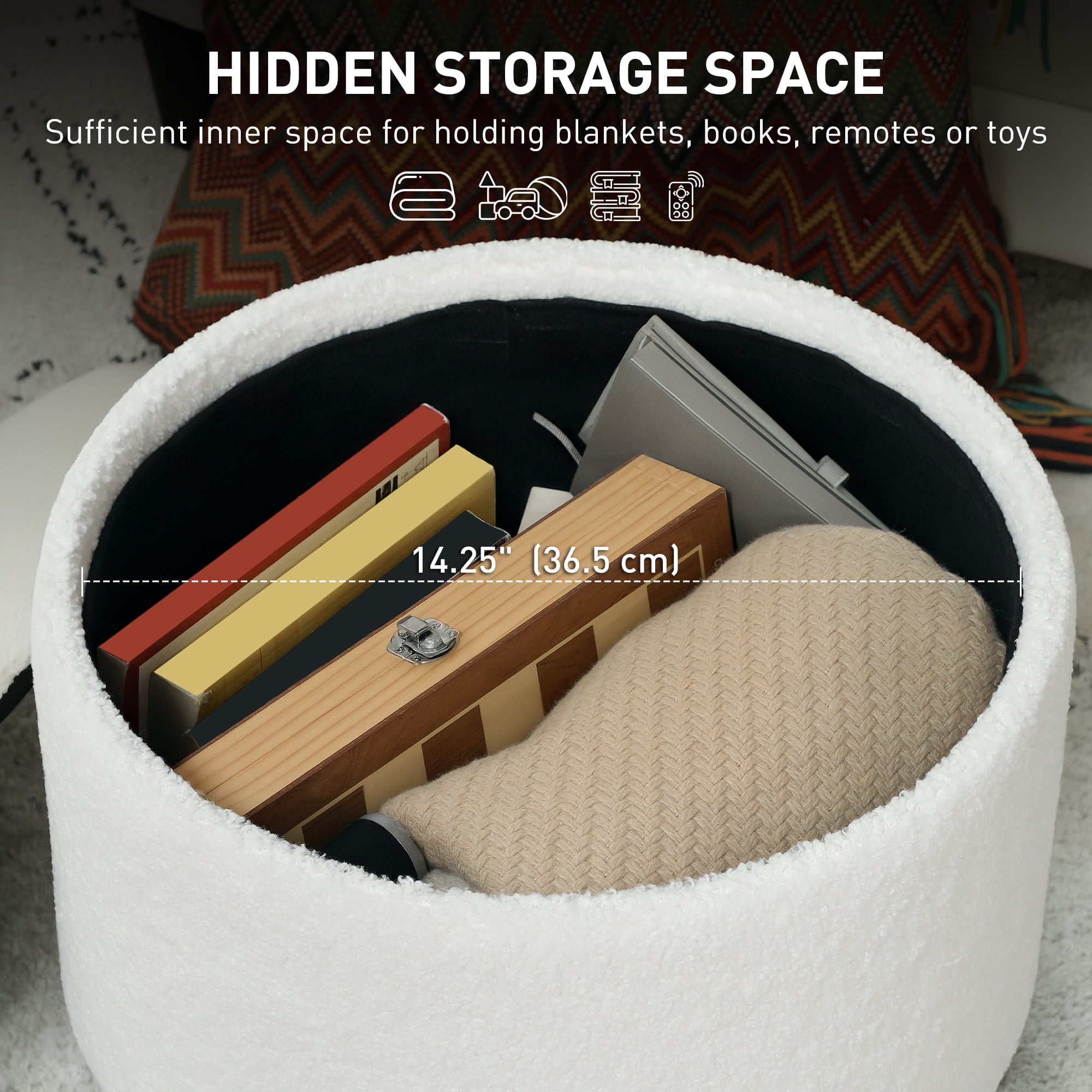 HOMCOM Storage Ottoman, Round Footstool with Linen Feel Fabric Upholstery, Removable Top, Hidden Space and Wood Legs for Living Room, White