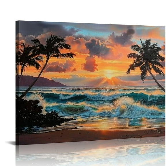 Orinice Palm Tree Canvas Wall Art Beach Sunset Seawave Tropical Picture Blue Ocean, Seascape Painting Large Framed Panoramic Landscape for Bathroom Living Room 20x16in