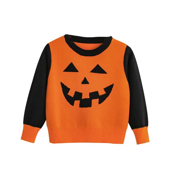 Afdoent Girls Sweaters Halloween Cute Print Sweater Fall Winter Knitted Top Crewneck Long Sleeve Color Block Pullover for Toddler Kids 3-4 Years
