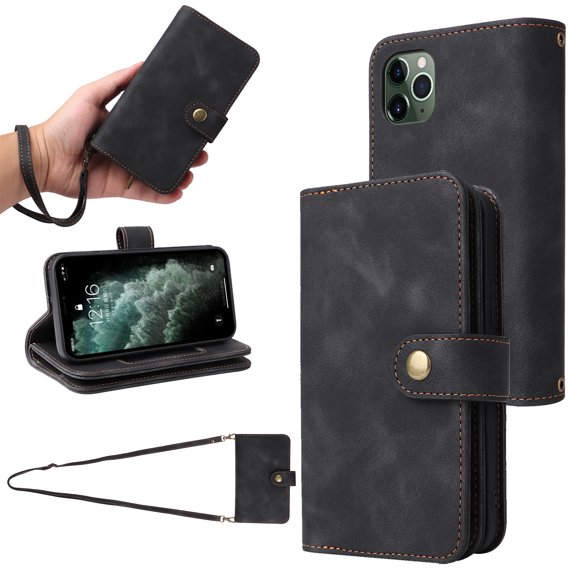 for iPhone 11 Pro Max Wallet Case, [Card Slots] PU Leather ID Credit Holder Folio Flip Kickstand Magnetic Clasp Phone Cover & Lanyard & Shoulder Strap for iPhone 11 Pro Max, Black