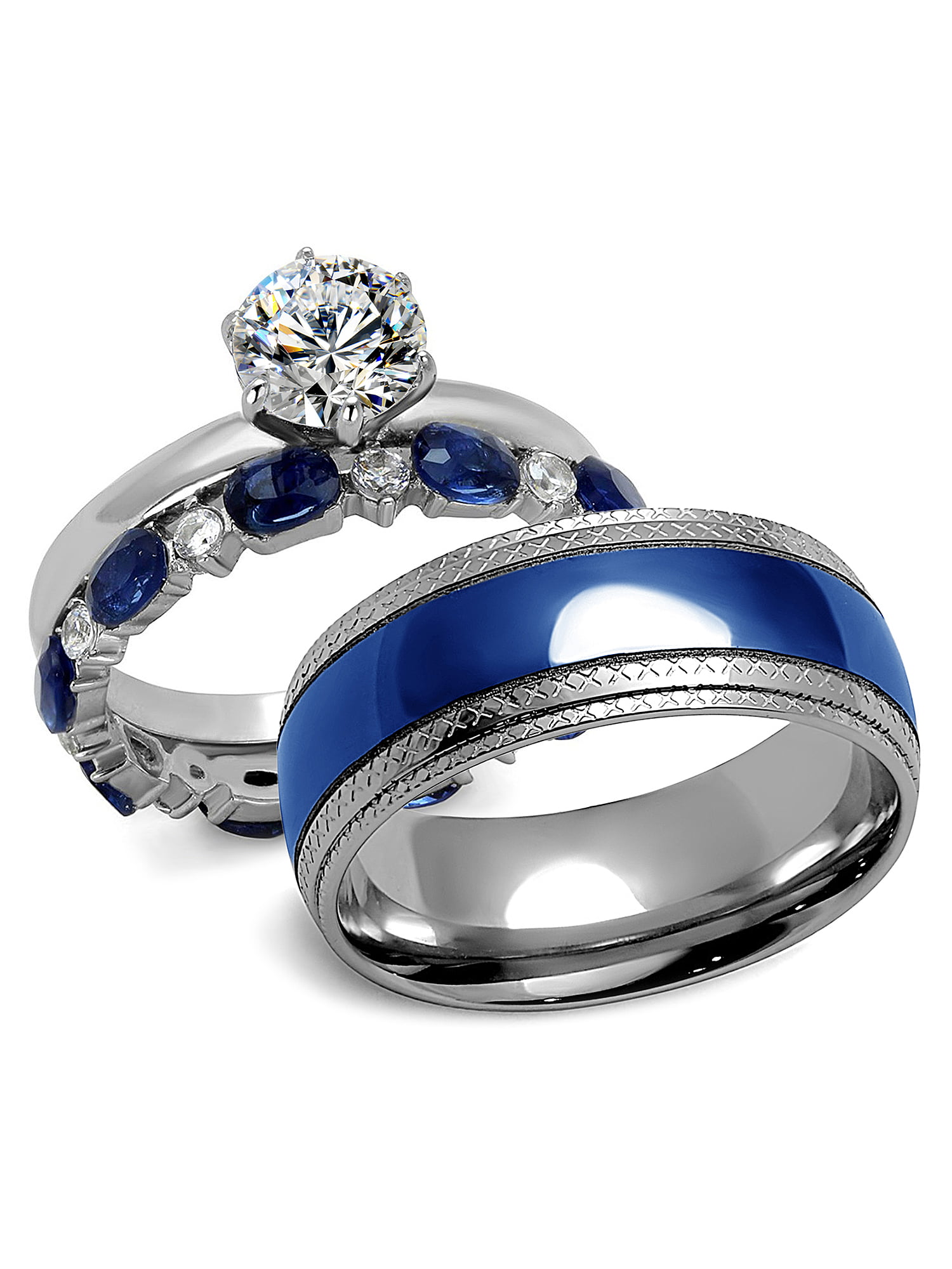 His and Hers Blue & Silver 316L Stainless Steel Wedding Rings Set