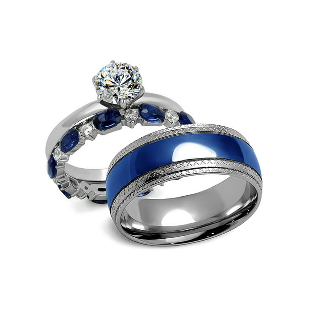 Bellux Style - His and Hers Blue & Silver 316L Stainless Steel Wedding ...