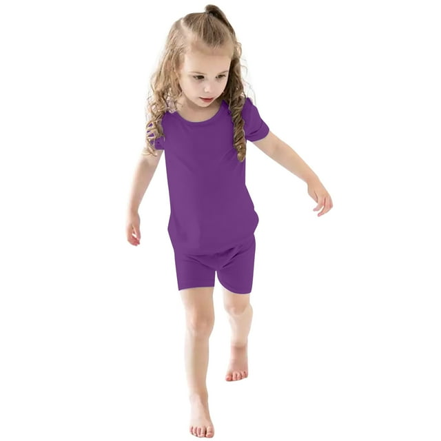 Hiiyo Ensemble 2 Pcs pour Tout-Petites Filles en Coton Uni, T-Shirt à Manches Courtes et Shorts