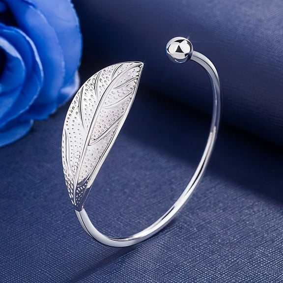 925 Sterling Silver Leaf Shape Bracelet For Women Fashion Simple Open Bracelets Jewelry Bangle Bracelets Gifts For Birthday Christmas,Silver