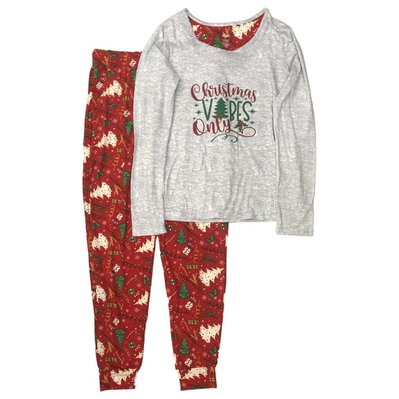 Womens Gray Christmas Vibes Only Holiday Pajamas Soft Knit Sleep Set Medium