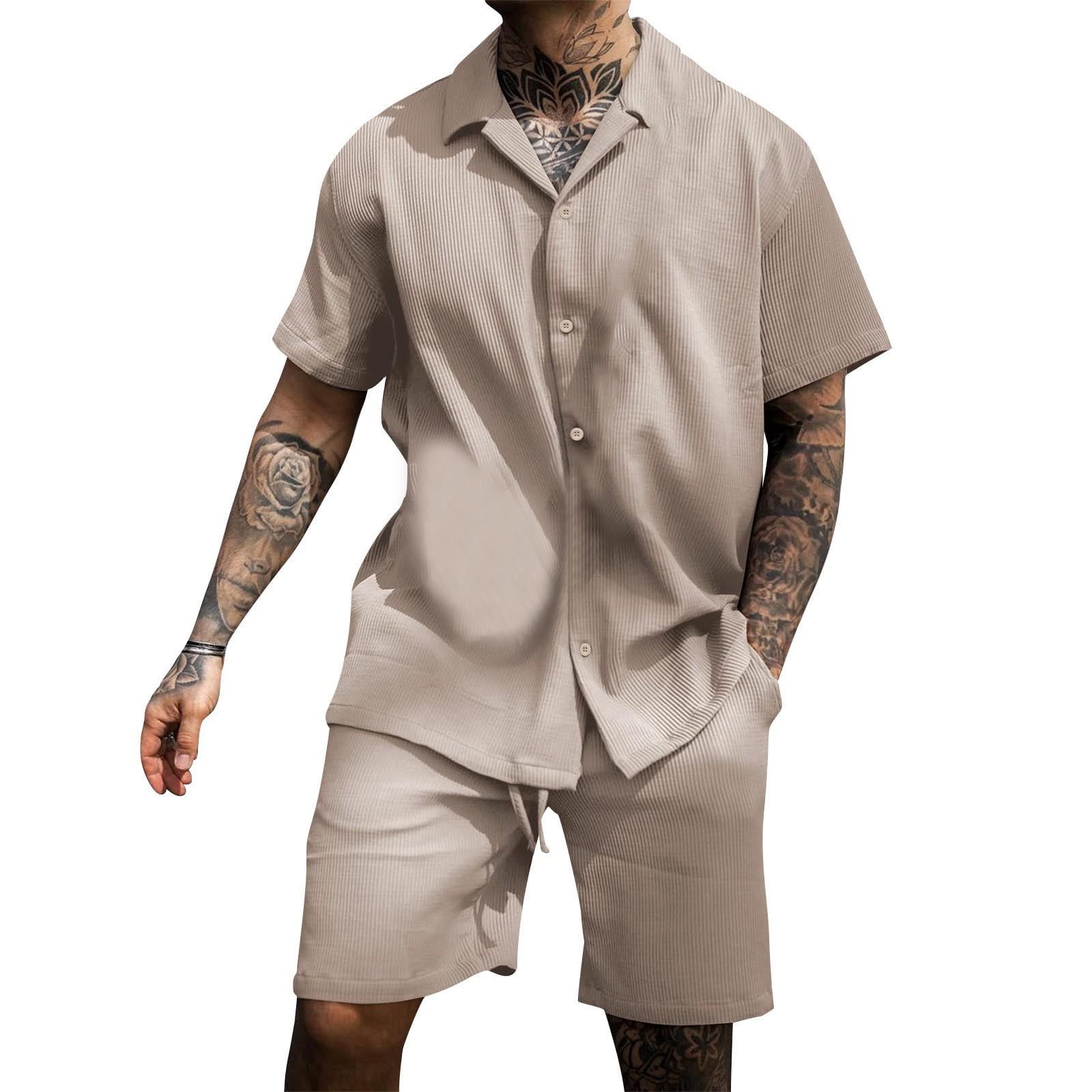 Sngxgn Men 2 Piece Short suits Outfits Men's 2 Piece Short Sets Casual  Corduroy Button Down Shirt Shorts Set Summer Beach Outfits 2023 Pink 2XL 