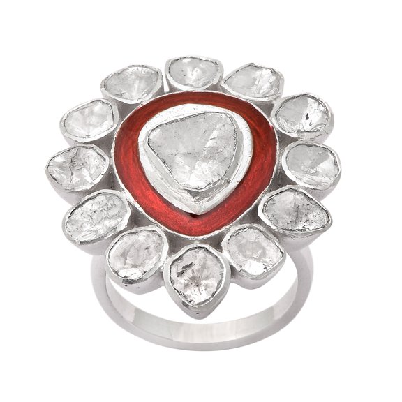 1.75 CTW Natural Diamond Polki Red Enamel Mother's Day Gift Cocktail Ring 925 Silver Jewelry