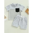 thumbnail image 2 of ZAXARRA Vêtements pour Garçons Tout-Petits, Hauts à Manches Courtes Col Rond Rayé Pantalons Courts à Cordon Tenues Décontractées, 2 of 9