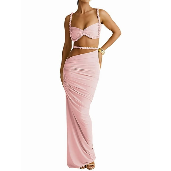 Women'S 2 Piece Sets Summer Beach Sexy- Ruched Backless - Top and Cut Out Skirt Night Out Dress Pink L