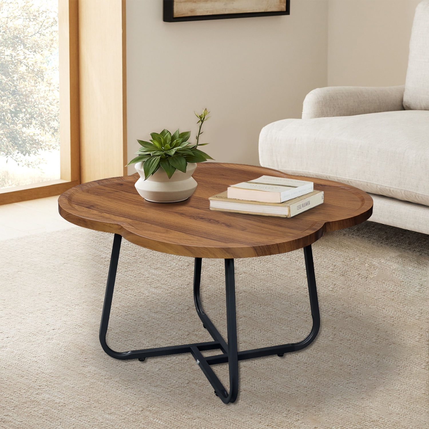 CERBIOR Vintage Modern Small Round Coffee Table, Living Room Centerpiece, Wooden Surface Top & Sturdy Metal Legs, Minimalist Display Side Table (Wood Flower)