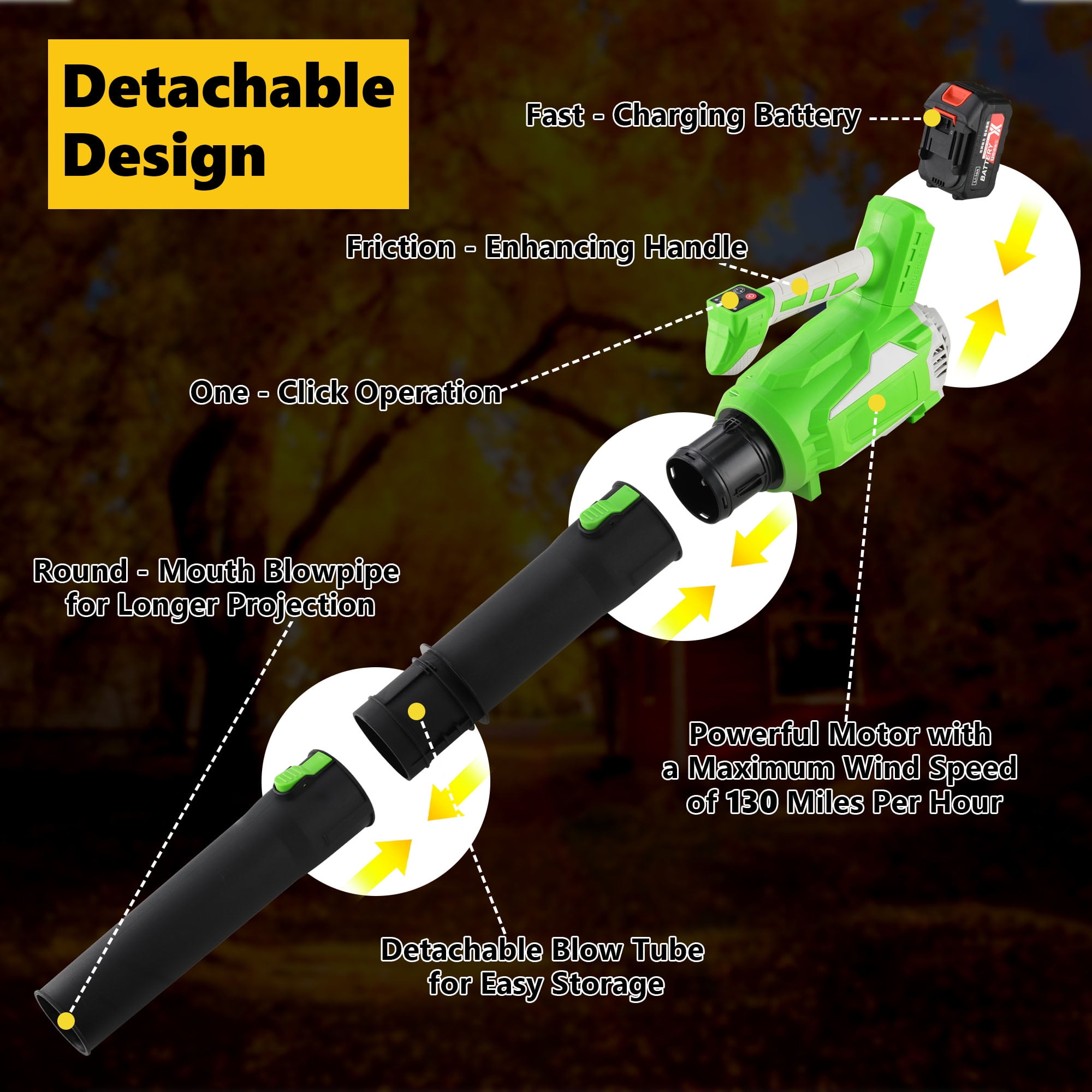 Cordless Leaf Blower with Battery and Charger, 650CFM Handheld Blower with Extended Nozzle, 5-Speed Adjustable for Yard Cleaning and Car Drying, Green