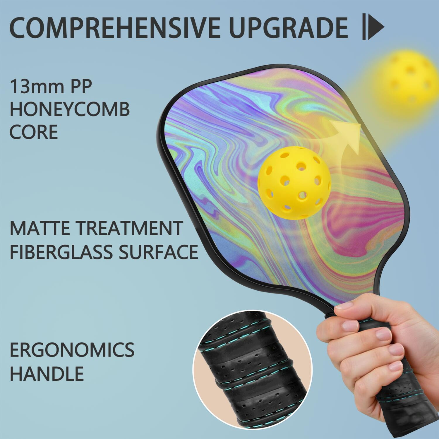 Pickleball Paddles Set Of 1, Fiberglass Surface, Liquid & Marble Print, 1 Paddles, 2 Balls & Bag