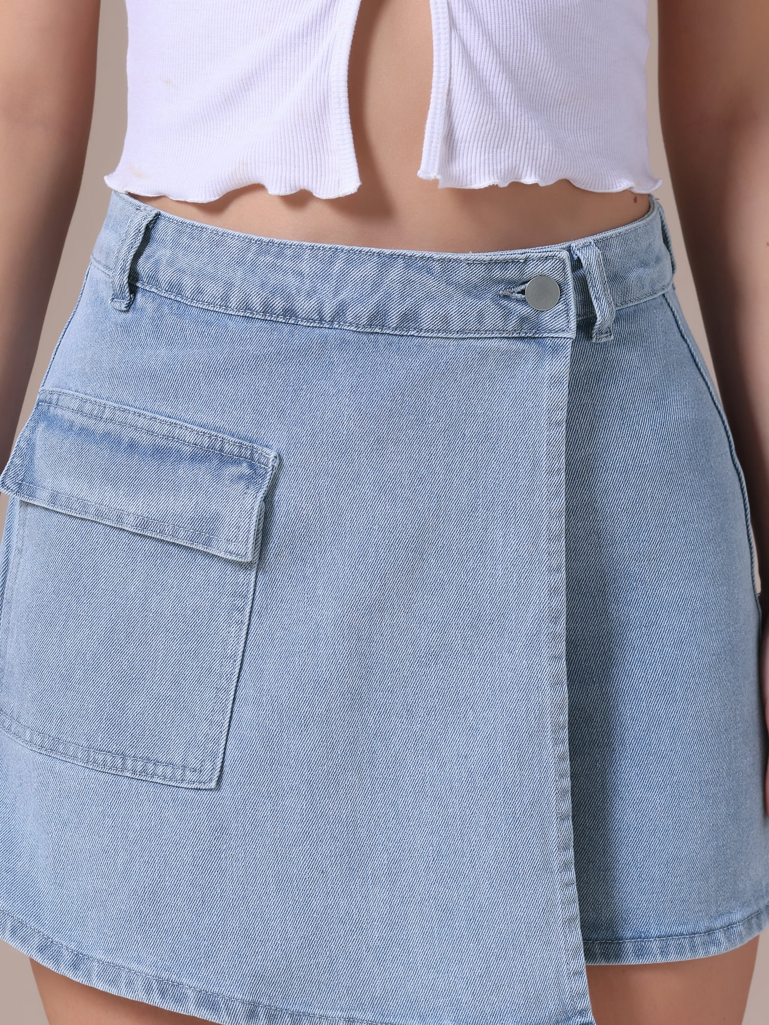 DARING DIVA Women's High Waist Western Asymmetrical Denim Cargo Skirt 2XL Light Blue