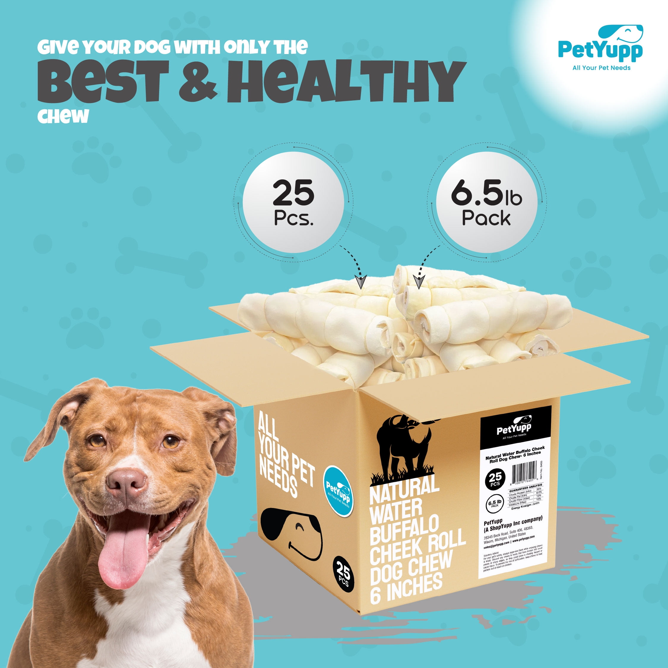 PetYupp Water Buffalo Cheek Roll Retriever Style for Dogs - Pack of 25 Pieces, 6 Inch Each