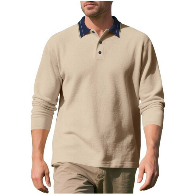 Chbgutlmr Mens Fall Shirts Button V Neck Basic Long Sleeve Solid Color Loose Casual Golf Stylish Tops