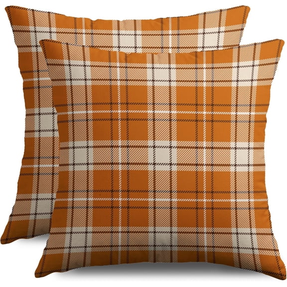 Fall Plaid Pillow Covers 18X18 Set of 2, Burnt Orange Cream Checked Pattern Decorative Throw Pillowcases Autumn Theme Outdoor Rustic Farmhouse Seasonal Cushion Cases Couch Sofa Bed Decor