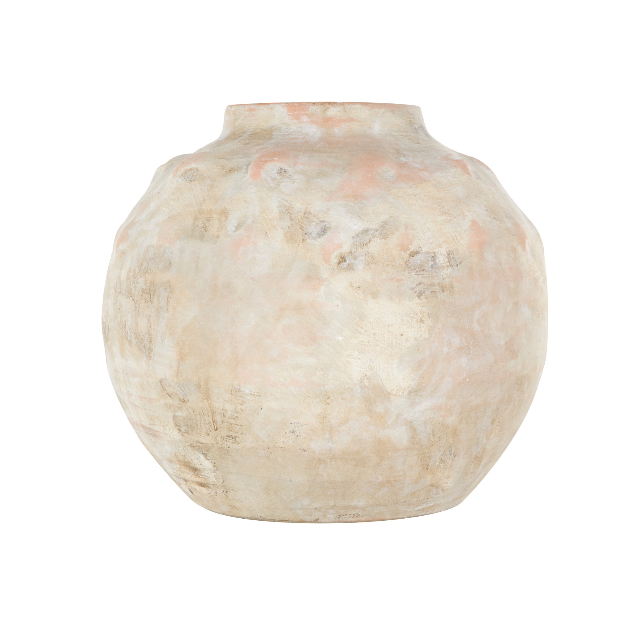 DecMode 11" Antique Short Wide Beige Ceramic Vase with Shades of Pink