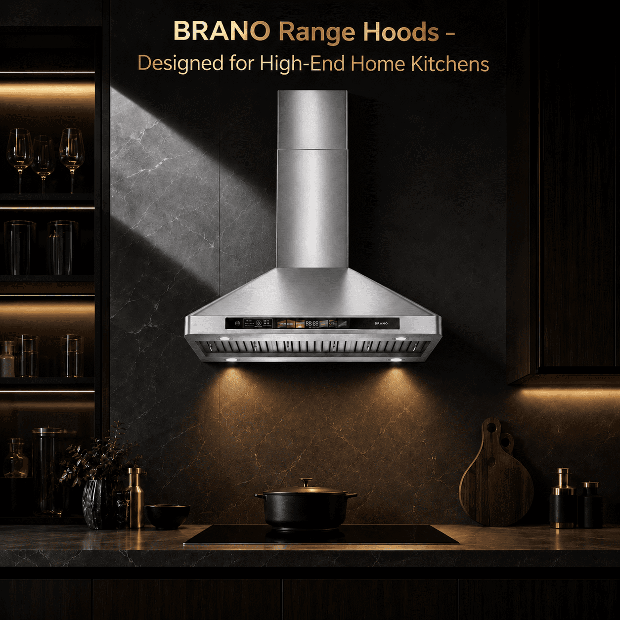 BRANO 36 Inch Wall Mount Range Hood 900 CFM, Voice/Gesture/Touch Control