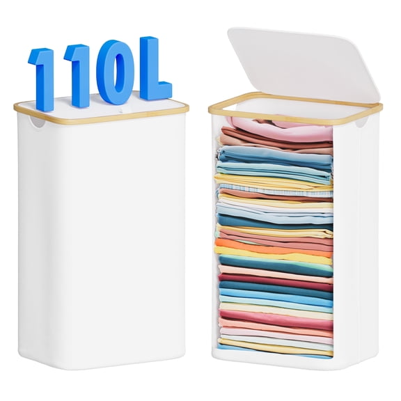 Tooloton 110L Large Laundry Hamper, Foldable Laundry Hamper, White