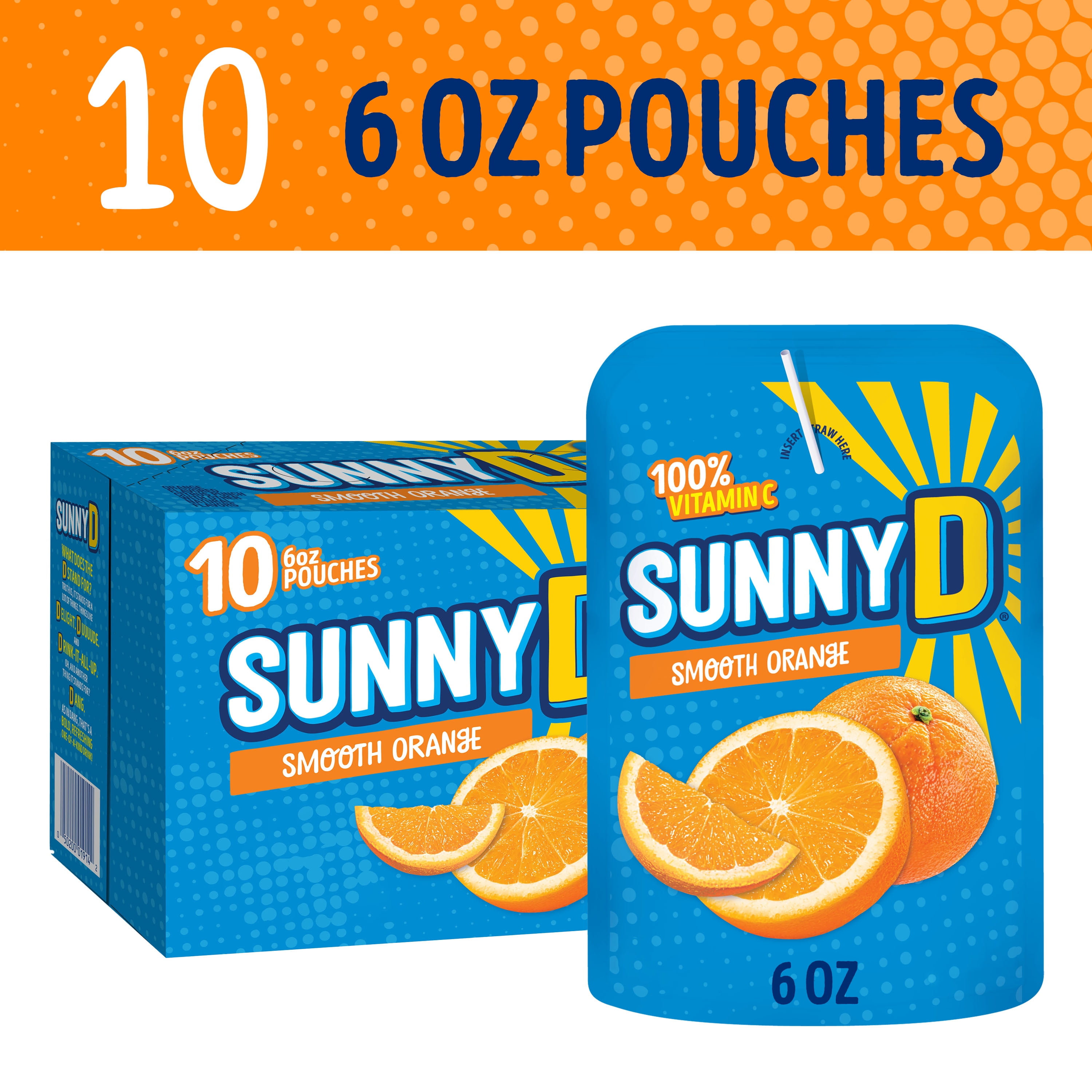 SUNNYD Smooth Orange Juice Drink, 10 Count, 6 FL OZ Drink Pouches