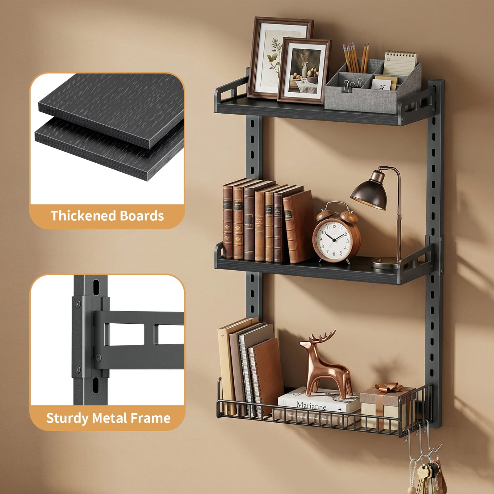 Biemlerfn 3-Tier Wall Mounted Storage Organizer Shelf, Space-Saving & Height-Adjustable Over The Toilet Storage Rack for Bathroom, Kitchen, Living Room, Black