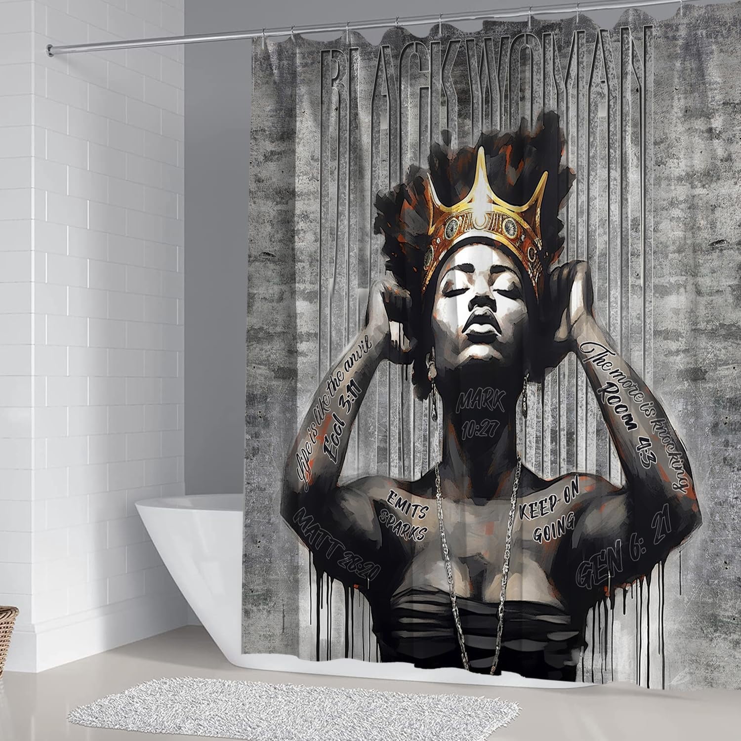 Black Woman Shower Curtain Sets with Rugs, Boho Inspirational Quote African American Girl Bathroom Sets with Shower Curtains, Toilet Lid Cover, Bath Mat, Colorful Fabric Bathroom Curtain Shower Set