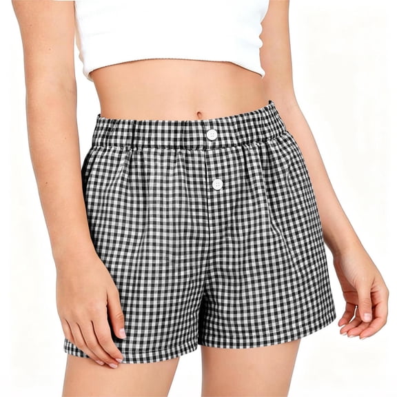 Fengactive Girls Gingham Loungewear Shorts Elastic Waist Button Detail Straight Leg with Convenient Side Pockets for 5-14T