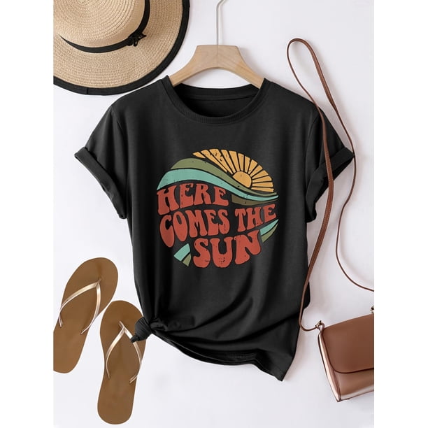 Women's HERE COMES THE SUN Graphic Print T-Shirt - Short Sleeve Crew Neck Casual Top with Vibrant Sunrise Design, Machine Washable All-Season Comfort Fit Tee for Spring & Summer, Ladies T Shirts,