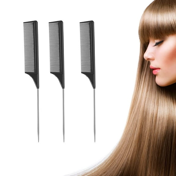 3 Pack Rat Tail Combs with Heat Resistant Carbon Fiber Fine Tooth and Stainless Steel Handle Pin Design for Pintail Hair Parting Teasing (Black)