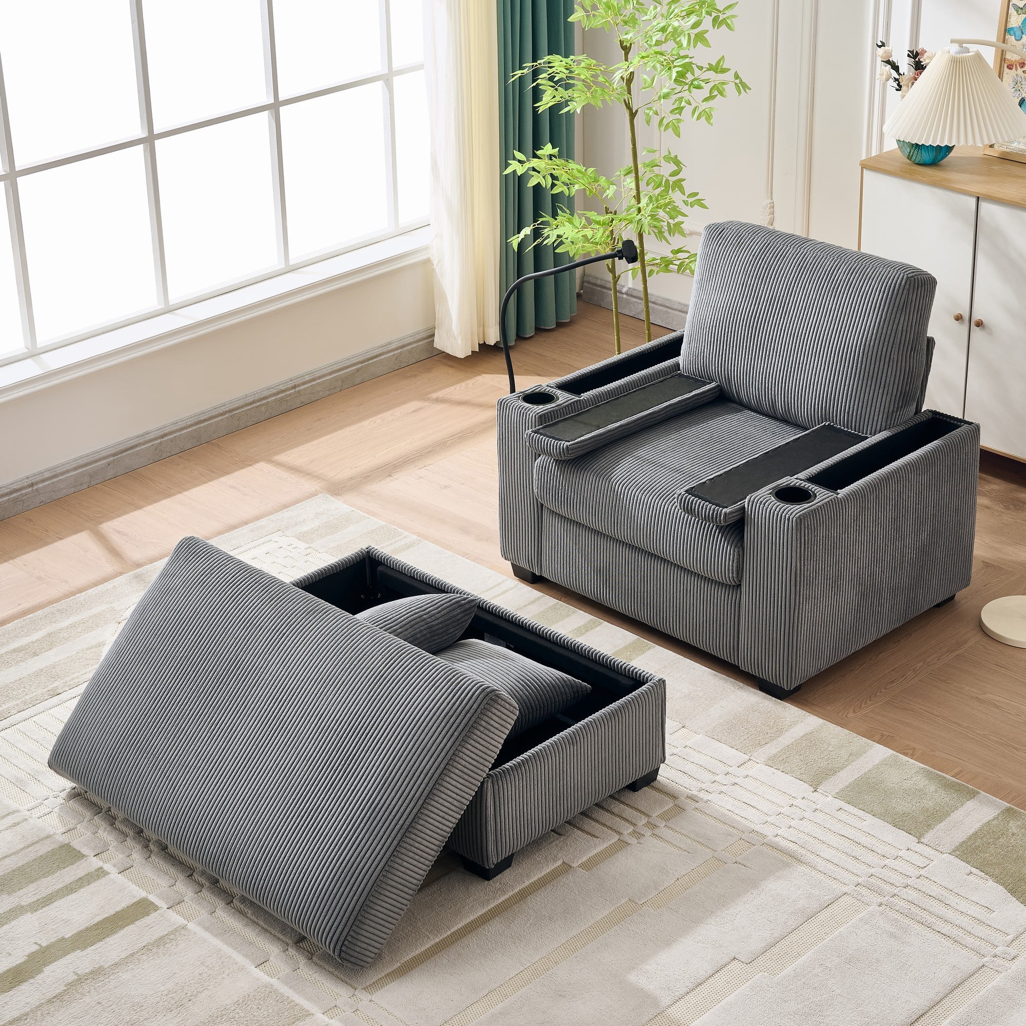 Euroco 55" Oversized Chaise Lounge Chair Indoor with Ottoman and Storage, Comfy Corduroy Sleeper Chair with Cup Holder,Mobile Phone Stand&USB Charging Port