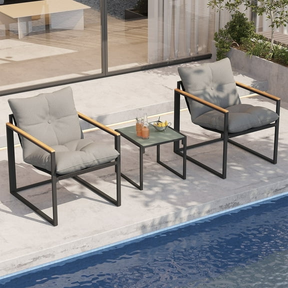 YHBINHUI 3pcs Chairs Set Powder-Coated Steel Weatherproof Outdoor Conversation Sets with 2 Chairs and 1 Table, Black/Gray