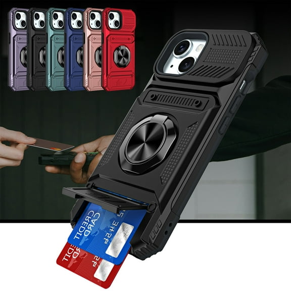 Dteck for iPhone 15 Plus Case with Card Holder (2 Cards) & Kickstand Ring Holder, Military Grade Drop Protection Rugged Hard Phone Case for iPhone 15 Plus, Working with Magnetic Car Mount,Black
