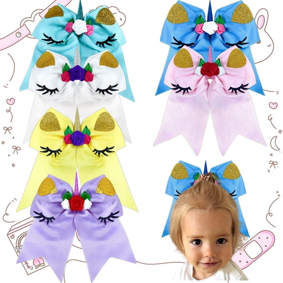 JoyBowie 6 Pack 7.9inch Unicorn Hair Bows for Girls Toddlers, Glitter Ribbon Clips for Kids Party Princess Hairstyles