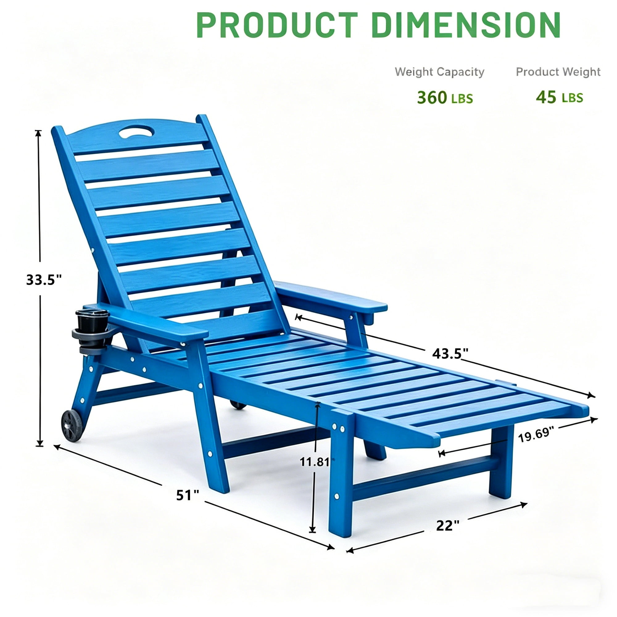 Aukfa HDPE Outdoor Patio Chaise Lounge Chair w/ Cup Holder&Wheels, 360 LBS Capacity, Blue