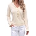 thumbnail image 2 of Women's Solid Ruffled V Neck Button Long Sleeve Knit Sweater Color S, 2 of 10