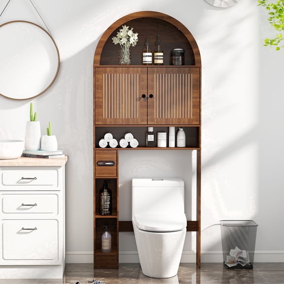 LUCKYELF Arched Toilet Storage Cabinet with Doors Wood Bathroom over the Toilet Storage Cabinet with Paper Holder