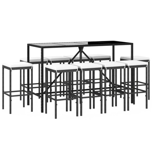 vidaXL 11 Piece Patio Bar Set with Cushions Black Poly Rattan